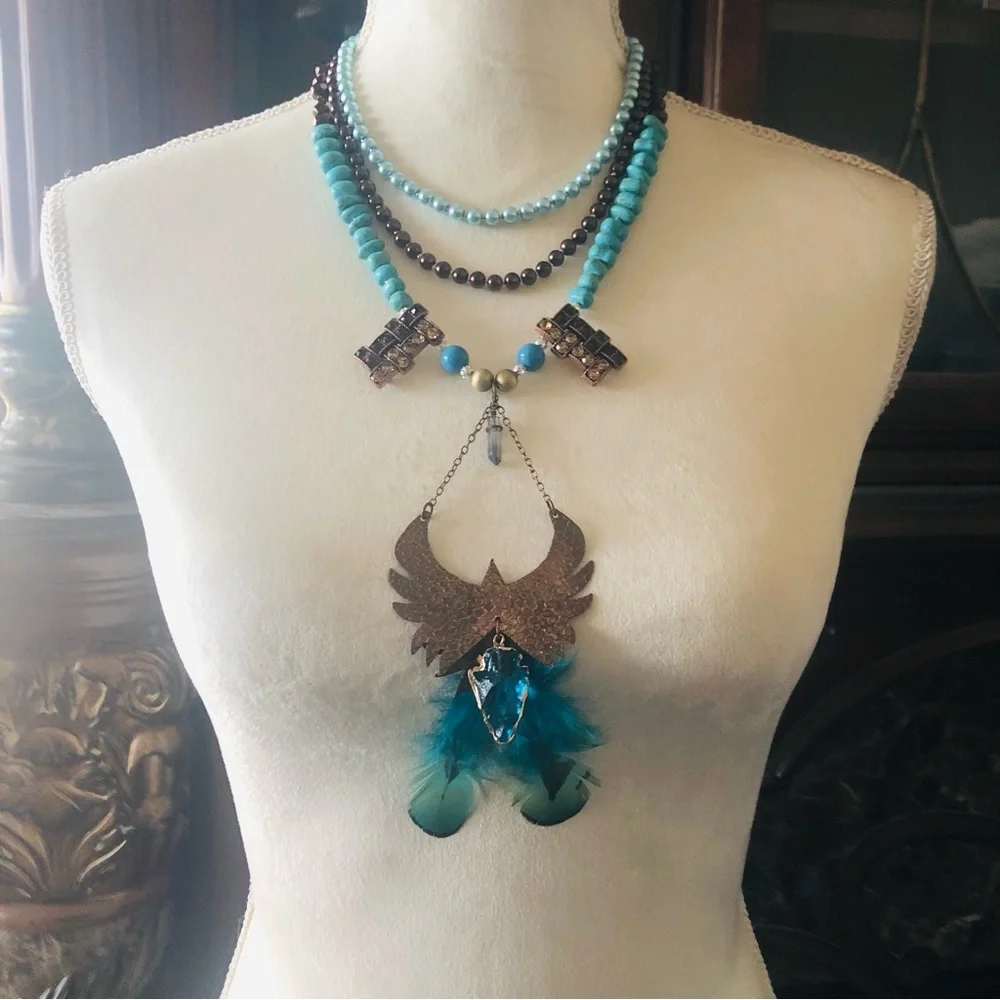 Handcrafted copper eagle Czech Pearl howlite stone clasp necklace